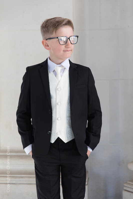 Boys Black & Ivory Suit with Ivory Satin Tie - Roland